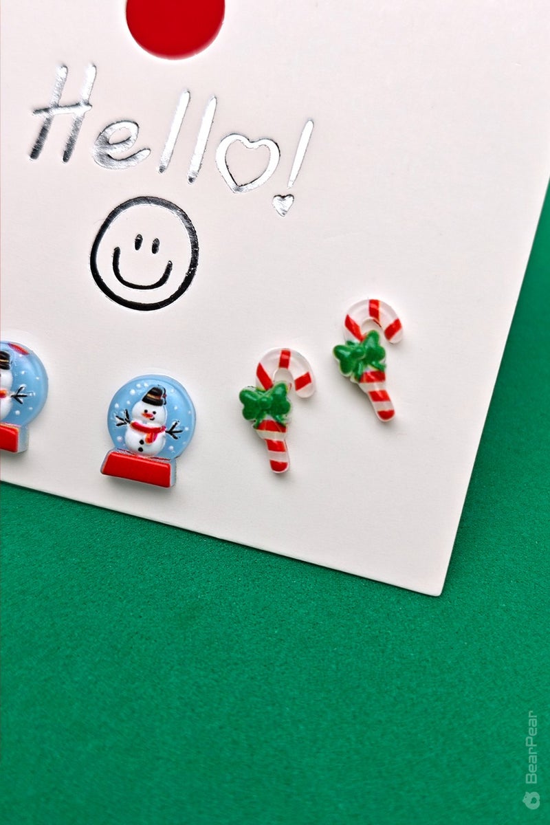 Bear & Pear Christmas Earrings Christmas Themed 6-Piece Earring Set Snow Globe and Pine Earrings  - Image 4