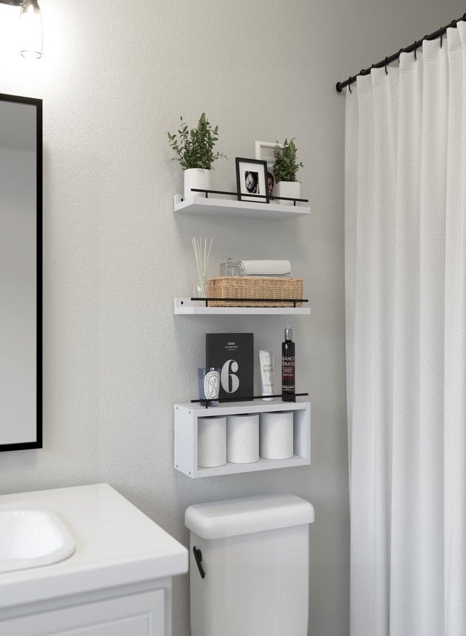 WOPITUES Floating Shelves for Wall with Cube Shelf, Wall Shelves with Metal Rail for Decor, Bathroom Organizers and Storage, Over Toilet Shelves for Bathroom, Toilet Paper-White - Image 2