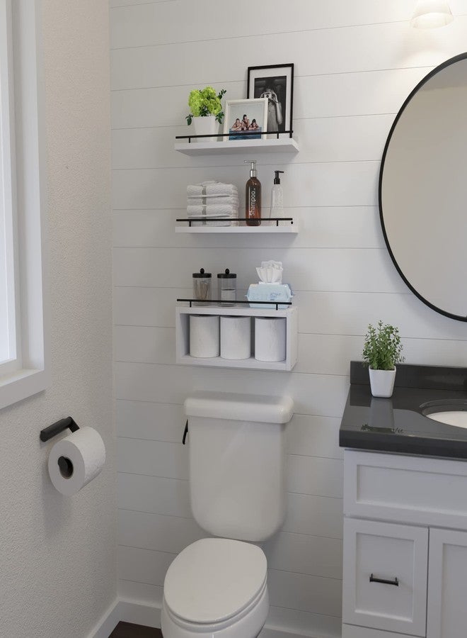 WOPITUES Floating Shelves for Wall with Cube Shelf, Wall Shelves with Metal Rail for Decor, Bathroom Organizers and Storage, Over Toilet Shelves for Bathroom, Toilet Paper-White - Image 3