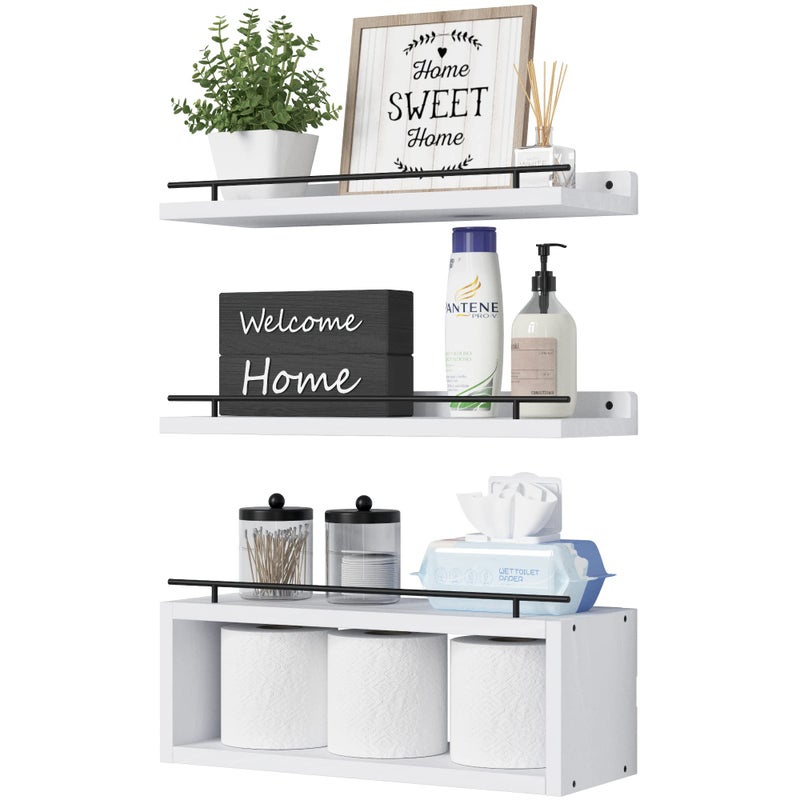 WOPITUES Floating Shelves for Wall with Cube Shelf, Wall Shelves with Metal Rail for Decor, Bathroom Organizers and Storage, Over Toilet Shelves for Bathroom, Toilet Paper-White - Image 1