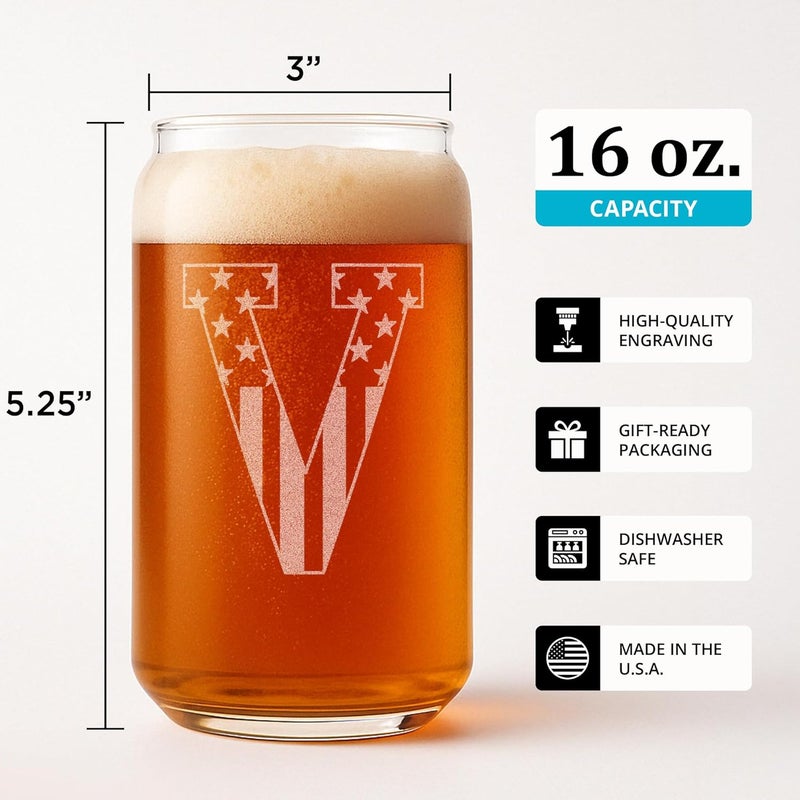On The Rox Monogram Beer Glasses for Men (A-Z) 16 oz - Beer Gifts for Men Brother Son Dad Neighbor - Unique Christmas Gifts for Him - Personalized Drinking Gift Beer Glass Mugs - Engraved Beer Can Glass (V) - Image 3