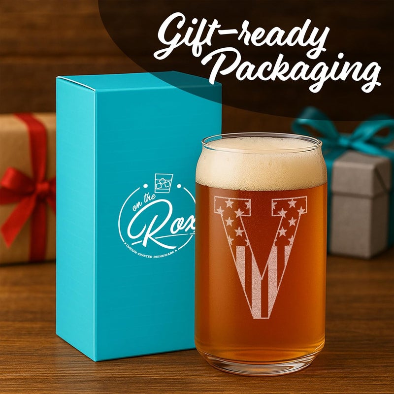 On The Rox Monogram Beer Glasses for Men (A-Z) 16 oz - Beer Gifts for Men Brother Son Dad Neighbor - Unique Christmas Gifts for Him - Personalized Drinking Gift Beer Glass Mugs - Engraved Beer Can Glass (V) - Image 4