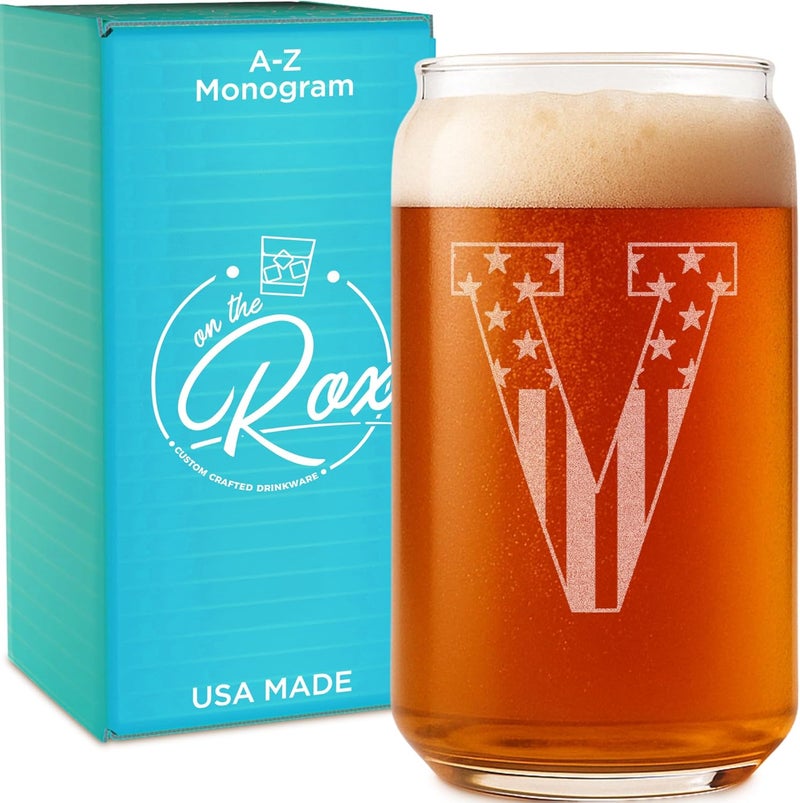 On The Rox Monogram Beer Glasses for Men (A-Z) 16 oz - Beer Gifts for Men Brother Son Dad Neighbor - Unique Christmas Gifts for Him - Personalized Drinking Gift Beer Glass Mugs - Engraved Beer Can Glass (V) - Image 1