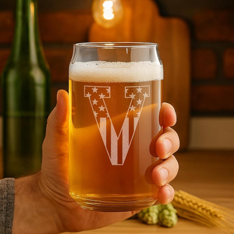 On The Rox Monogram Beer Glasses for Men (A-Z) 16 oz - Beer Gifts for Men Brother Son Dad Neighbor - Unique Christmas Gifts for Him - Personalized Drinking Gift Beer Glass Mugs - Engraved Beer Can Glass (V) - Image 2