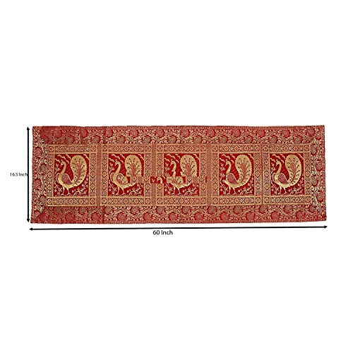 E - Ezra Ezra Traditional Handmade Gold Banarsi Brocade Silk Table Runner for Dining Table 6 & 4 Seater Peacock Work Center Table Top Decor Rectangle Table Runner | 60x16 Inches (152x40 cm) (Red & Gold) - Image 2