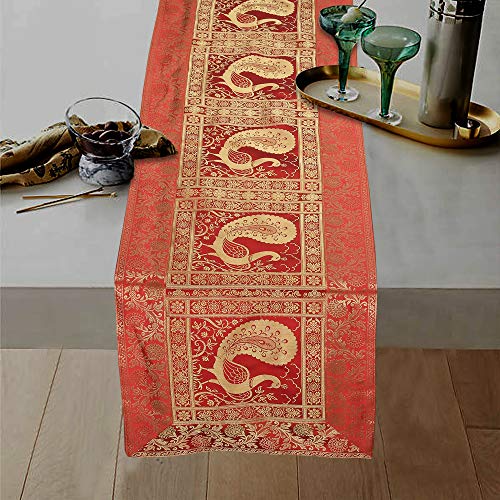 E - Ezra Ezra Traditional Handmade Gold Banarsi Brocade Silk Table Runner for Dining Table 6 & 4 Seater Peacock Work Center Table Top Decor Rectangle Table Runner | 60x16 Inches (152x40 cm) (Red & Gold) - Image 1