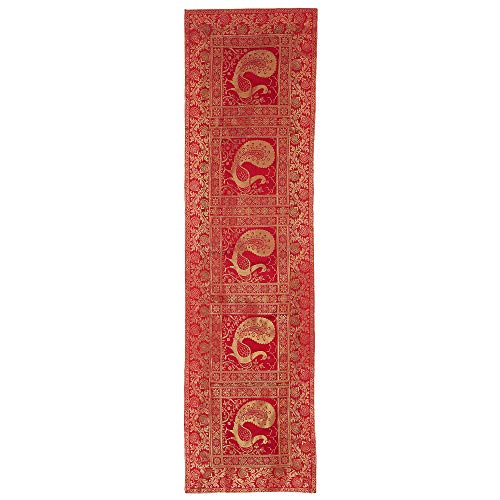 E - Ezra Ezra Traditional Handmade Gold Banarsi Brocade Silk Table Runner for Dining Table 6 & 4 Seater Peacock Work Center Table Top Decor Rectangle Table Runner | 60x16 Inches (152x40 cm) (Red & Gold) - Image 3