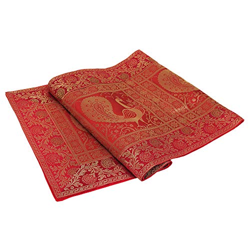 E - Ezra Ezra Traditional Handmade Gold Banarsi Brocade Silk Table Runner for Dining Table 6 & 4 Seater Peacock Work Center Table Top Decor Rectangle Table Runner | 60x16 Inches (152x40 cm) (Red & Gold) - Image 4