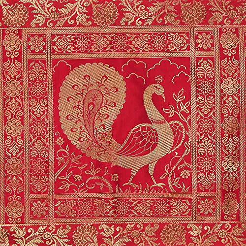 E - Ezra Ezra Traditional Handmade Gold Banarsi Brocade Silk Table Runner for Dining Table 6 & 4 Seater Peacock Work Center Table Top Decor Rectangle Table Runner | 60x16 Inches (152x40 cm) (Red & Gold) - Image 5