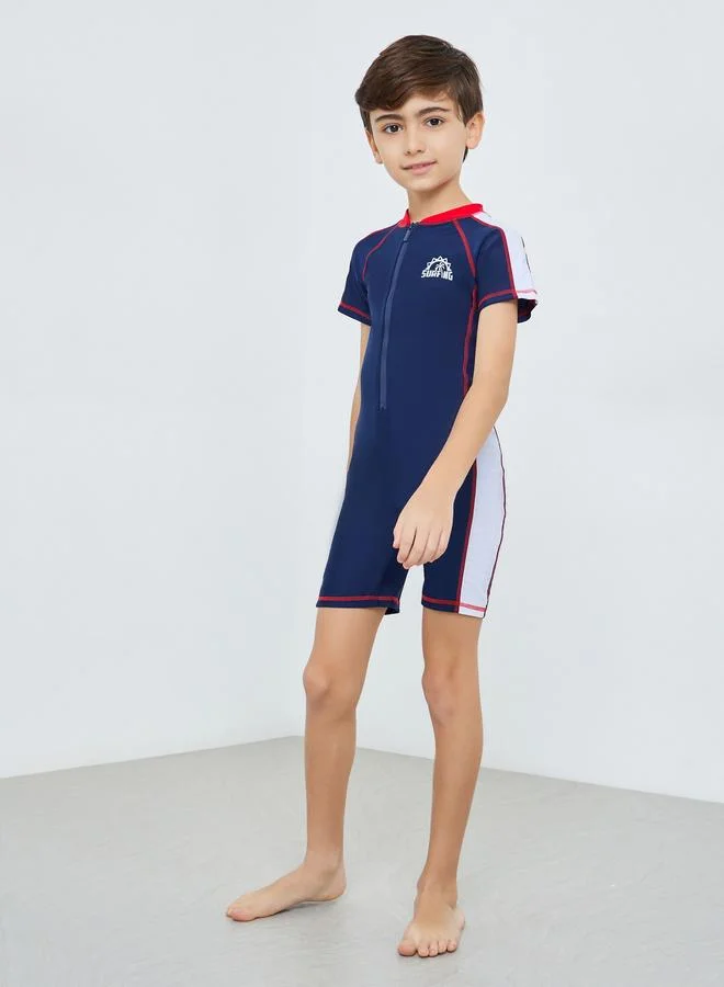 Styli Boys Color Block Swimsuit with Front Zip