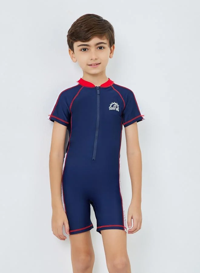 Styli Boys Color Block Swimsuit with Front Zip
