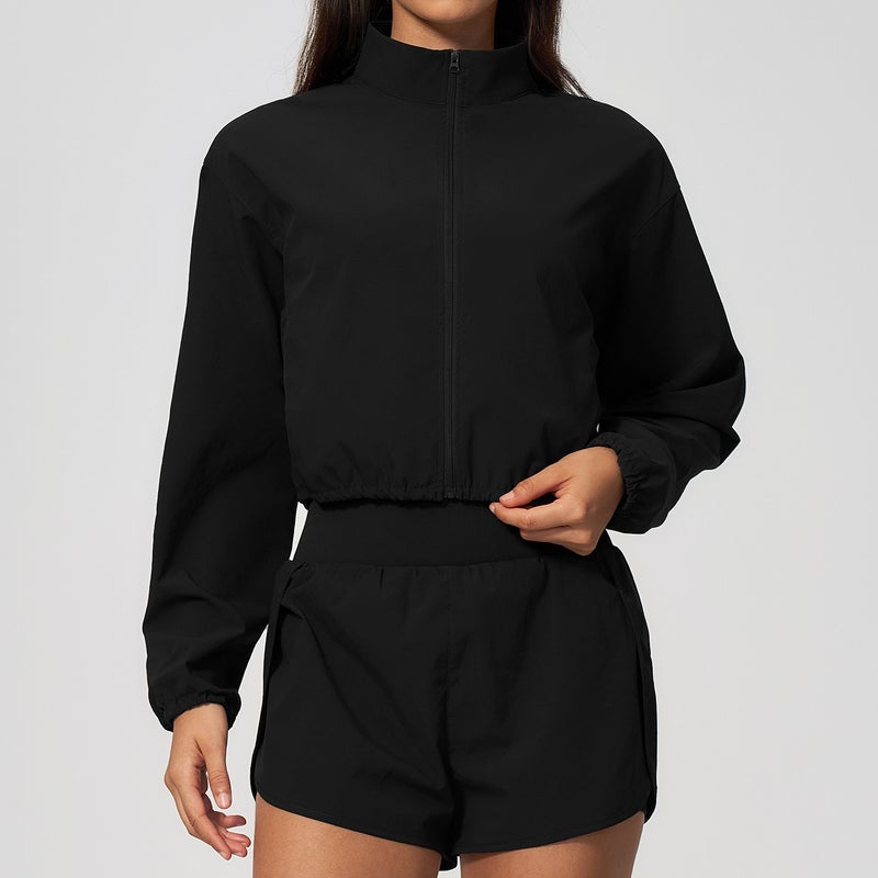 Women's Yoga Windproof Short Jacket with Stand Collar, Breathable and Quick-Drying