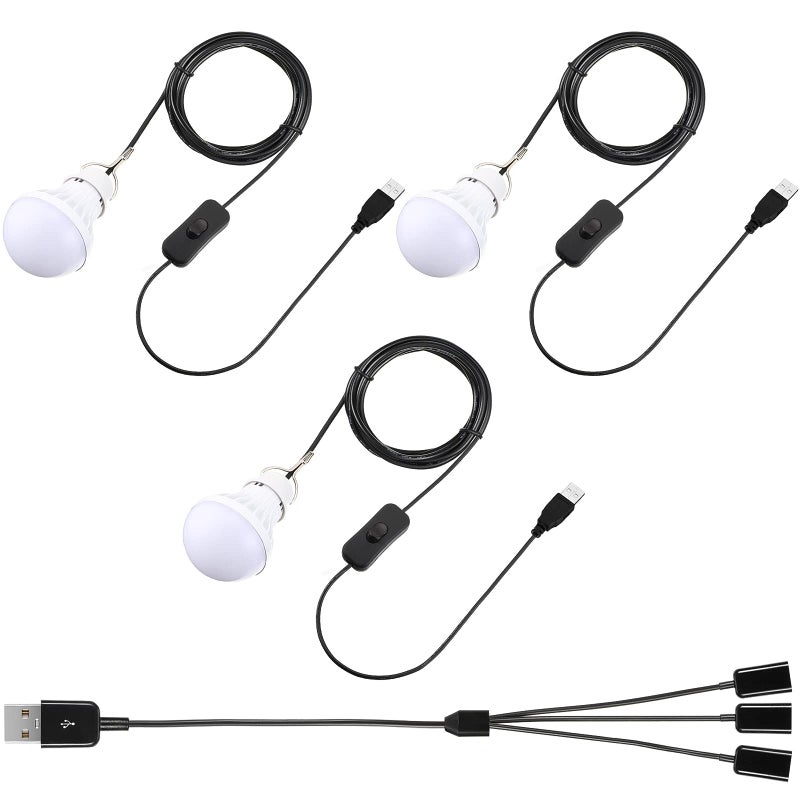 Tuanse 3pcs USB LED Light Bulbs Portable Camping Lights 5w with USB Splitter Cable 1 to 3 82ft Extra Length Cord Tent Latern Outdoor Emergency Bulb for Garage Warehouse Truck Fishing Warm White