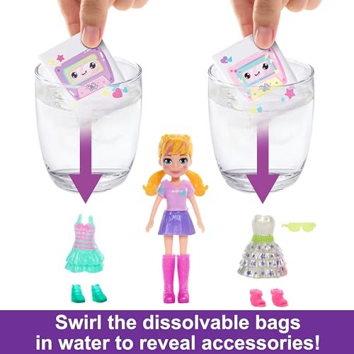 Polly Pocket دمية بولي بوكيت ومجموعة اللعب، كشف أزياء رقص الديسكو مع دمية هودي بادي بطول 3 بوصات، 16 ملحق ومفاجأة للعب بالماء - Image 3