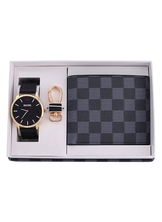 ANDIAMO Men's Analog Gold Case Black Dial Black Leather Strap, Leather Wallet, Key Chain 