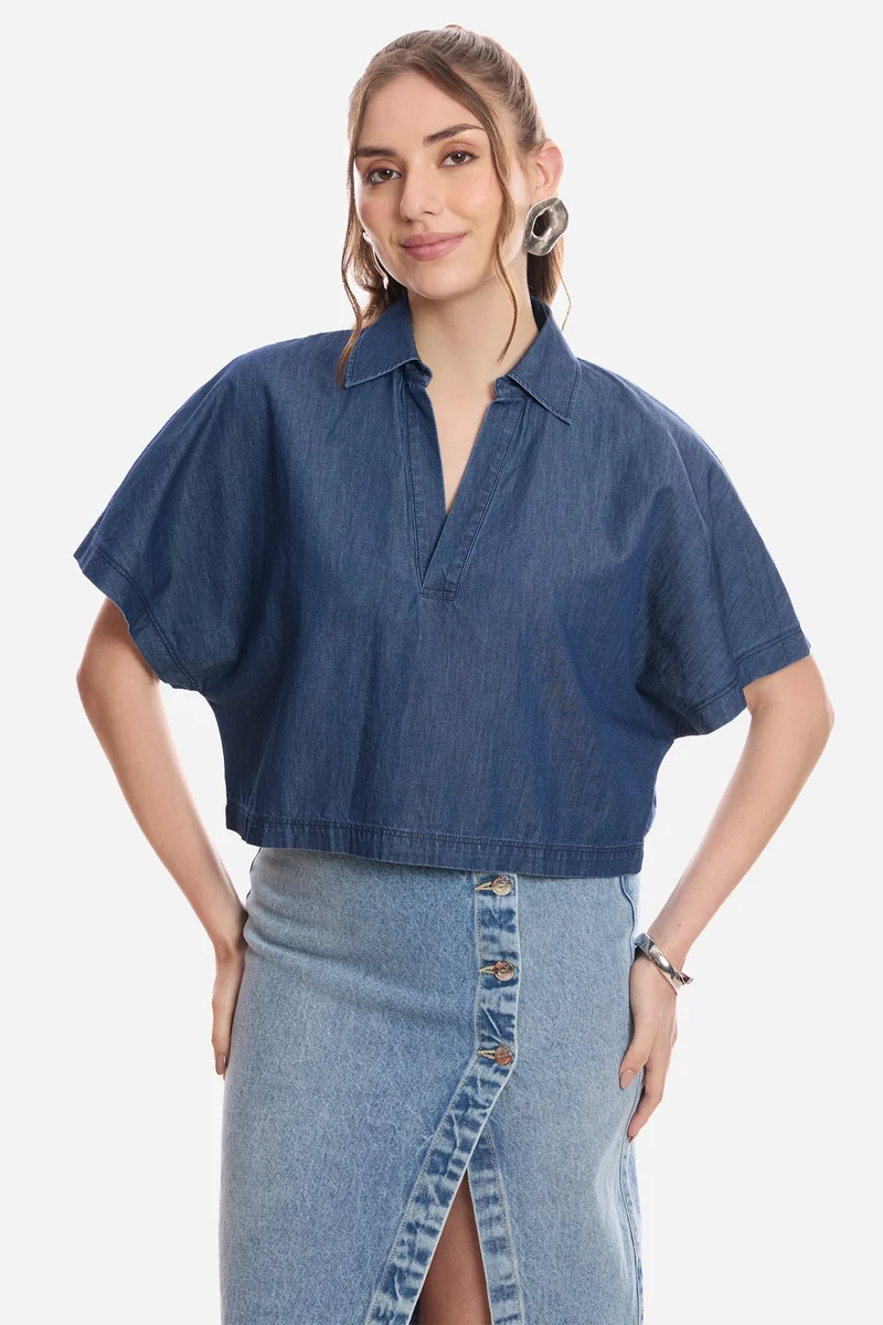 فيرجيو Solid Cotton Dolman Sleeve Denim Top for Women