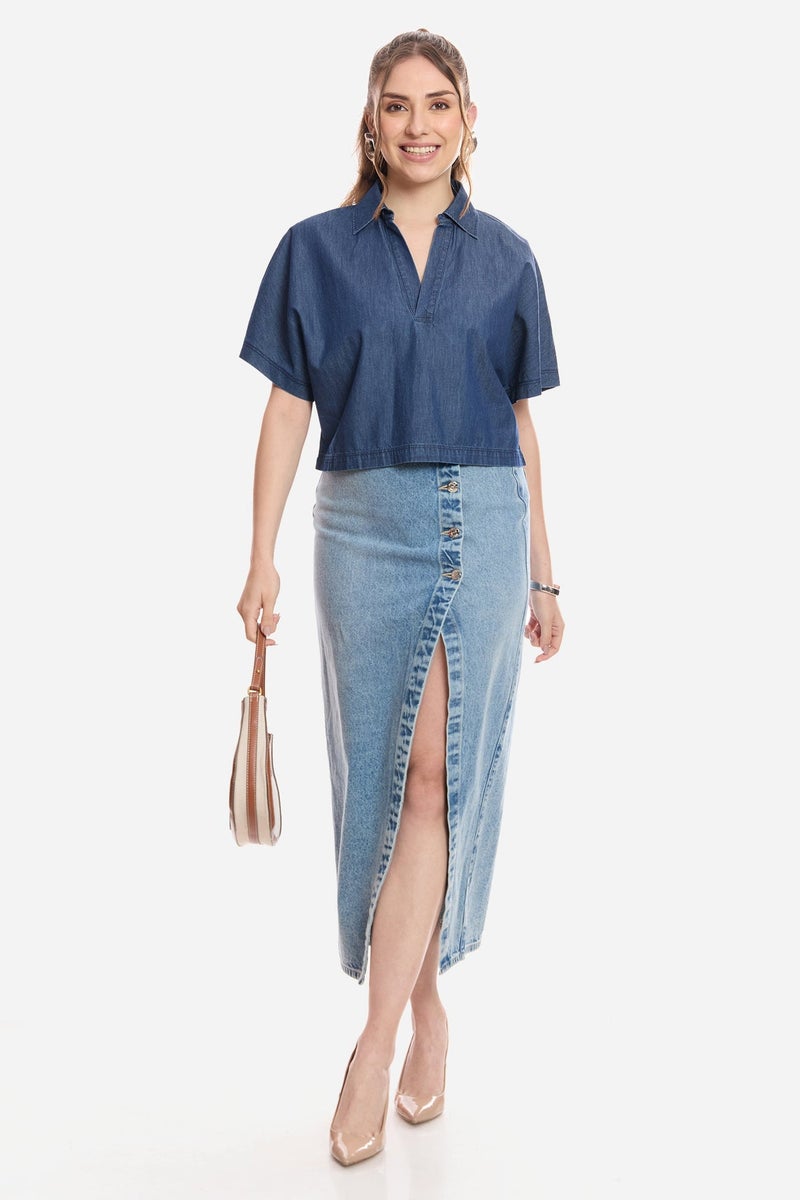 Virgio Solid Cotton Dolman Sleeve Denim Top for Women - Image 2