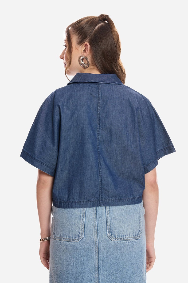 Virgio Solid Cotton Dolman Sleeve Denim Top for Women - Image 5
