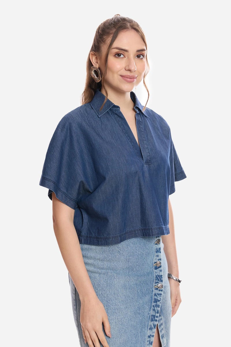 Virgio Solid Cotton Dolman Sleeve Denim Top for Women - Image 4