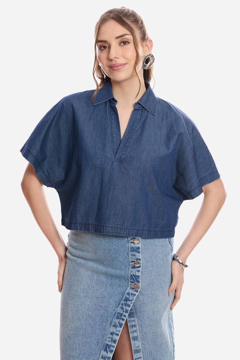 Virgio Solid Cotton Dolman Sleeve Denim Top for Women - Image 1