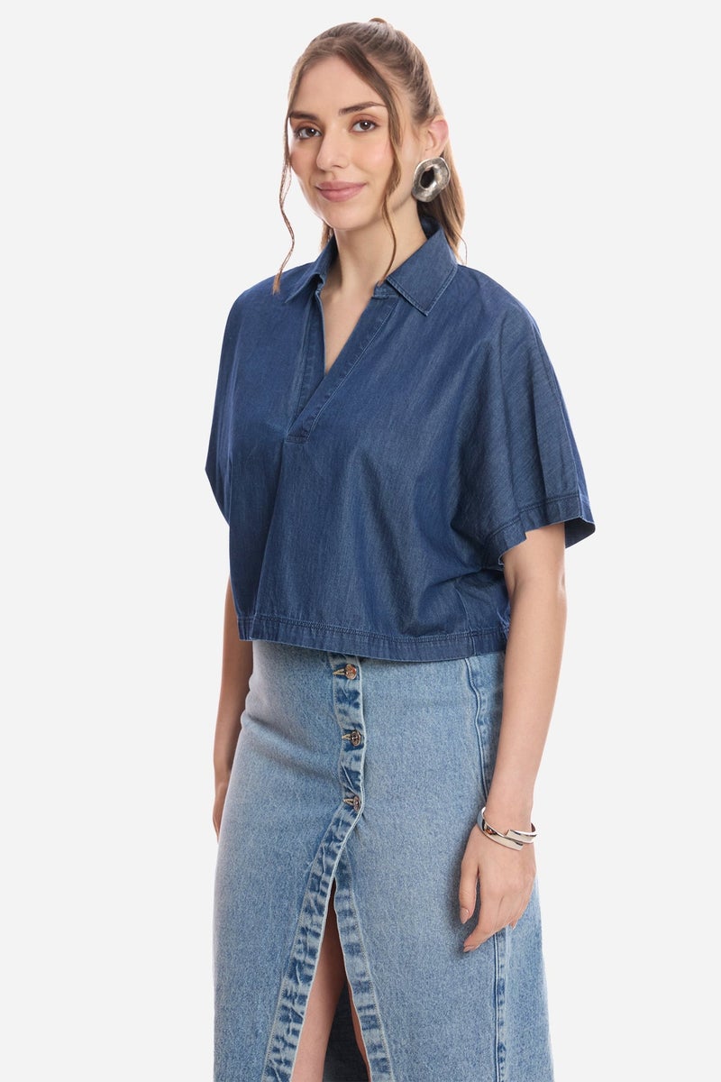 Virgio Solid Cotton Dolman Sleeve Denim Top for Women - Image 3
