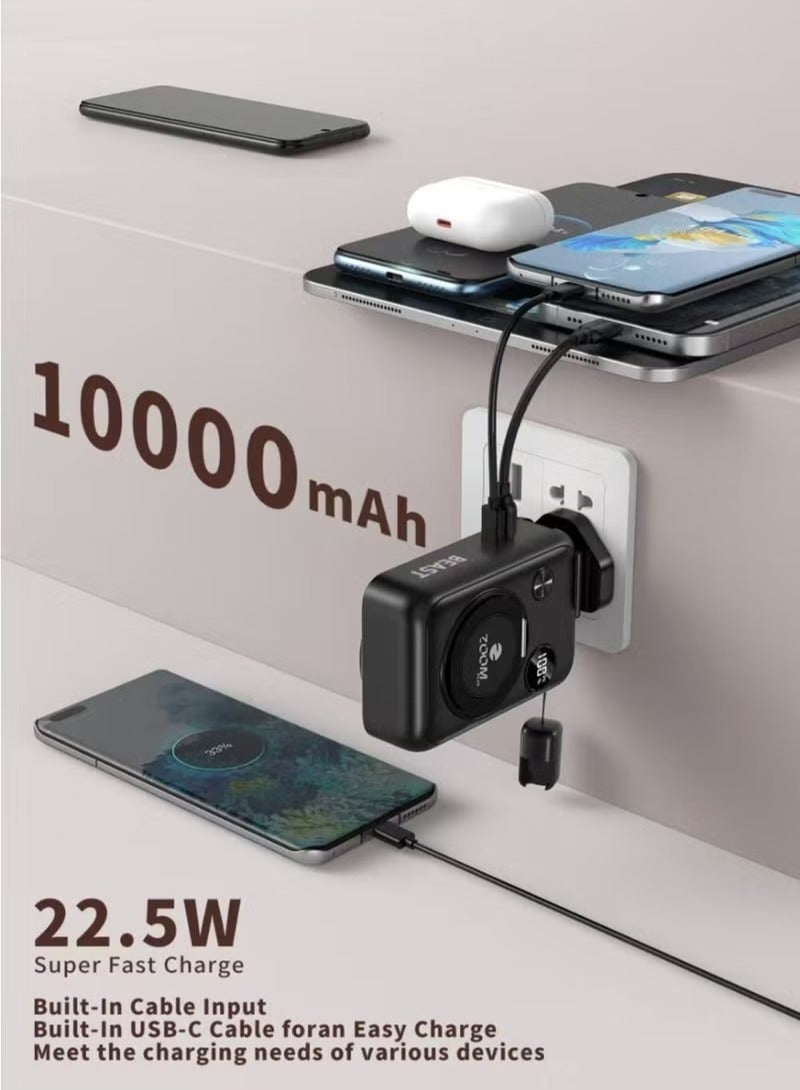 زوم بلس باور بنك ZP99 [BEAST] بسعة 10000mAh متعدد الوظائف مع كابل USB-C مدمج وشاحن لاسلكي للساعات وشاحن جداري مدمج | شحن سريع | حل طاقة 3-في-1 فائق الحمل - Image 1