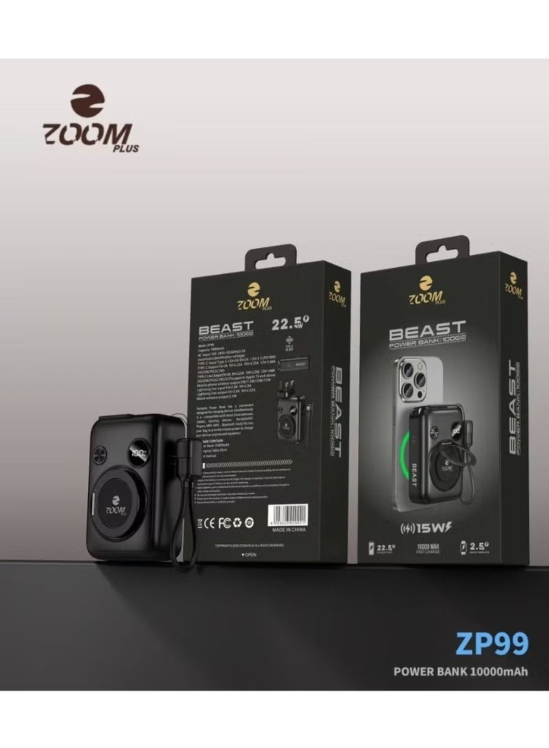 زوم بلس باور بنك ZP99 [BEAST] بسعة 10000mAh متعدد الوظائف مع كابل USB-C مدمج وشاحن لاسلكي للساعات وشاحن جداري مدمج | شحن سريع | حل طاقة 3-في-1 فائق الحمل - Image 2