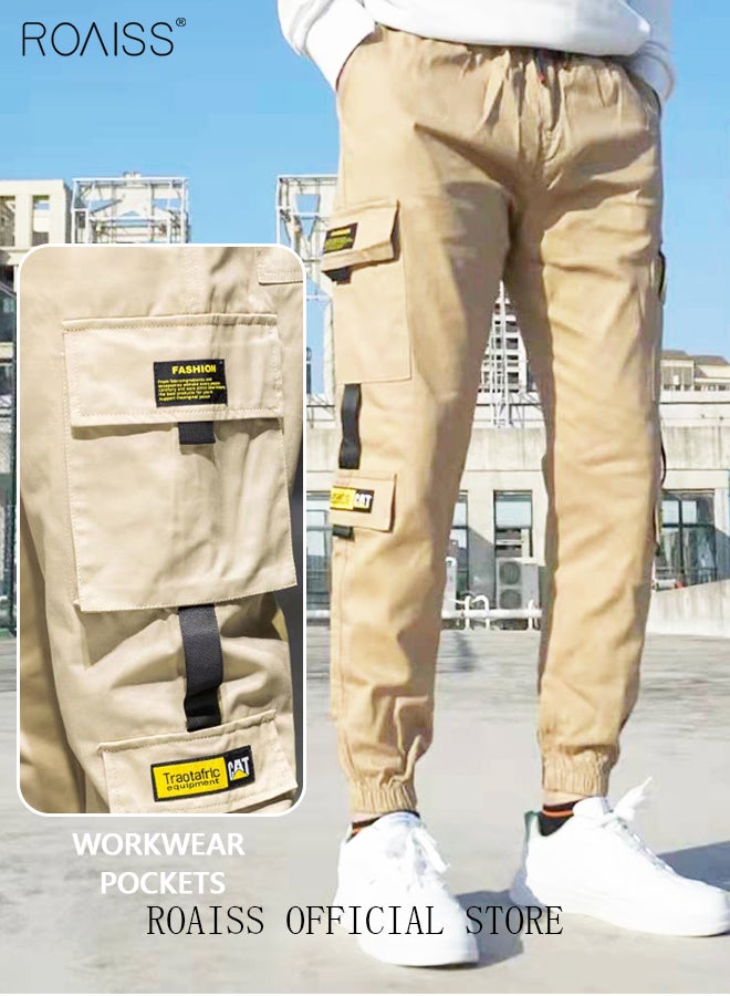 رويس بنطلونات كارغو أنيقة للرجال، بنطلونات رياضية برباط مع أرجل ضيقة وتصميم ضيق، بنطلونات رياضية برباط عند الكاحل مع جيوب متعددة، مناسبة للارتداء اليومي أو الأنشطة الخارجية أو أي أنشطة بدنية - Image 1
