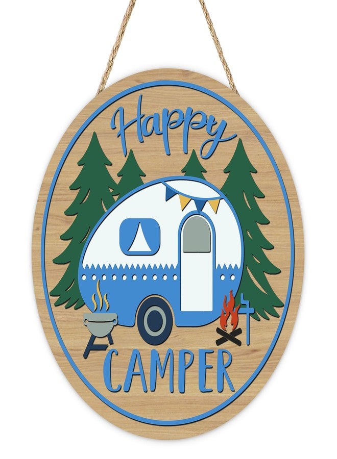 Bolisom Happy Camper Front Door Sign, Camping RV Pine Tree Wood Hanger Outdoor Outside Home Decor, Campsite Campfire Farmhouse Wooden Wreath Indoor Wall Hanging Decoration - Image 1