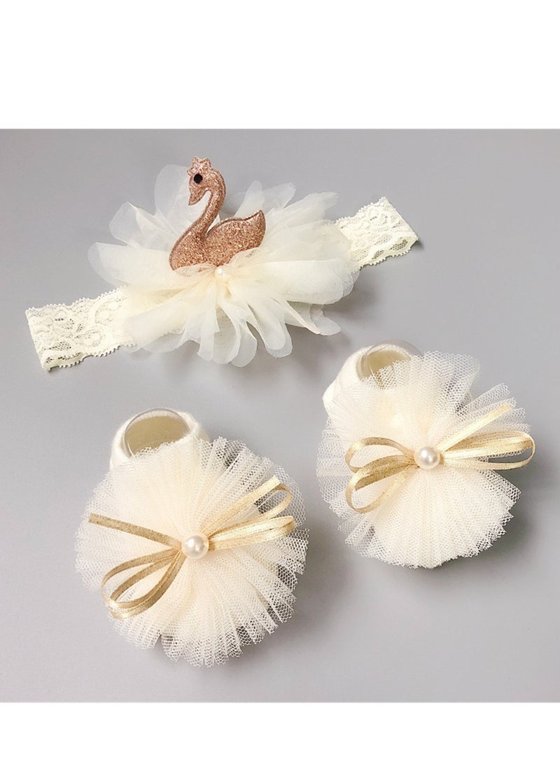 Loquat 3PCS Baby Headband Sock Gift Box Set Full Moon 100th Birthday Gift Beige 
