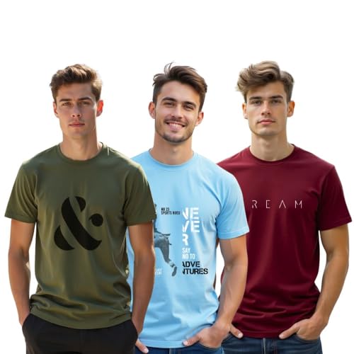 NOBERO Cotton Men's Letter Print Regular FiT-Shirt (1M-Twts-C0761-144X5_Olive Green/Powder Blue/Wine Red - Image 1