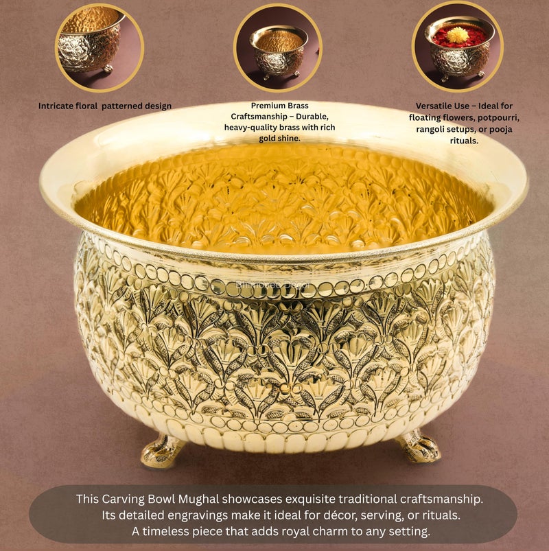 Bhimonee Decor Carving Bowl 8" | 700 gm Decorative Brass Bowl with Stand | Home Decor, Pooja & Gifting | Brass | Gold - Image 3