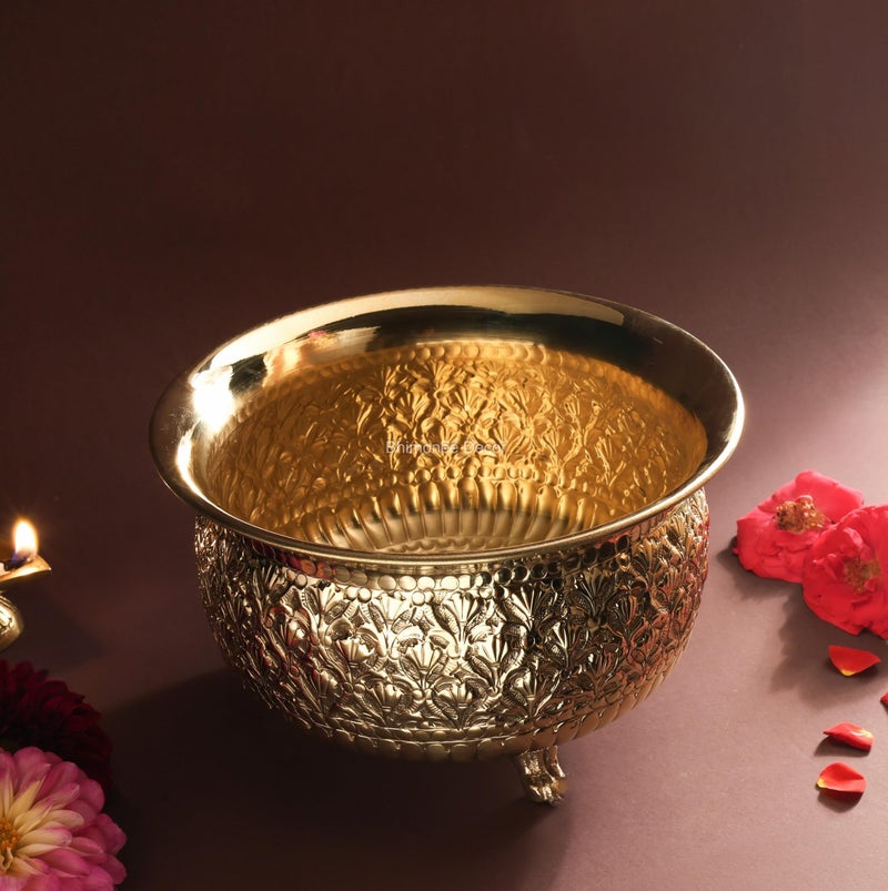 Bhimonee Decor Carving Bowl 8" | 700 gm Decorative Brass Bowl with Stand | Home Decor, Pooja & Gifting | Brass | Gold - Image 1