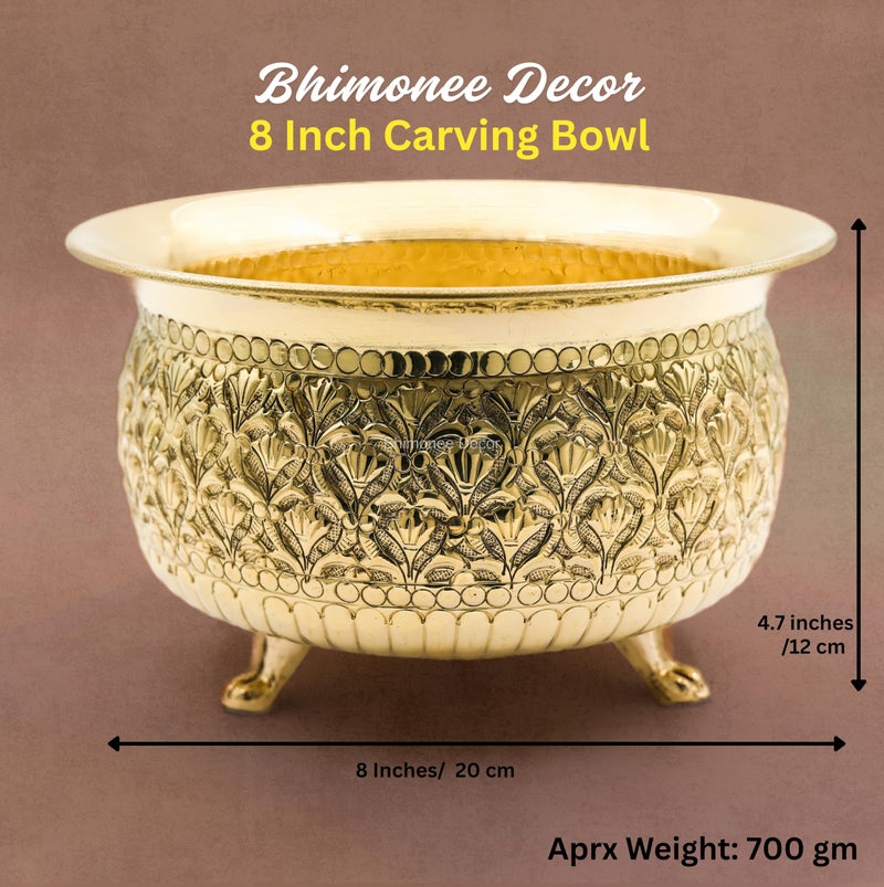 Bhimonee Decor Carving Bowl 8" | 700 gm Decorative Brass Bowl with Stand | Home Decor, Pooja & Gifting | Brass | Gold - Image 2