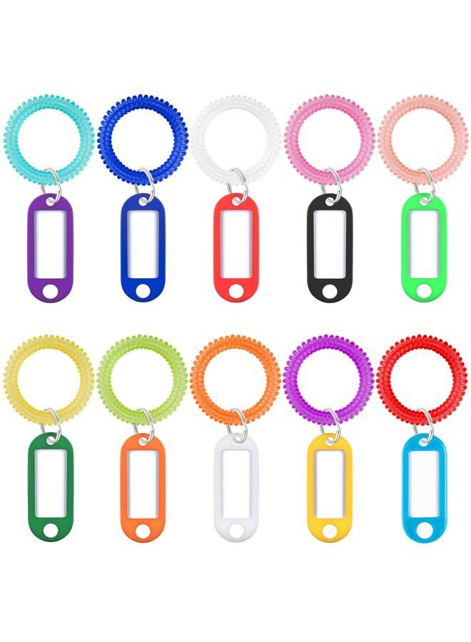 Uniclife 10 Pcs Wrist Spring Spiral Coil Keychains & 10 Pcs Key Tag Labels Plastic Colorful Stretchable Key Holder Wrist Bracelet Keychain with Label Hair Tie for ID Badge Sauna Gym Pool and Sport - Image 1