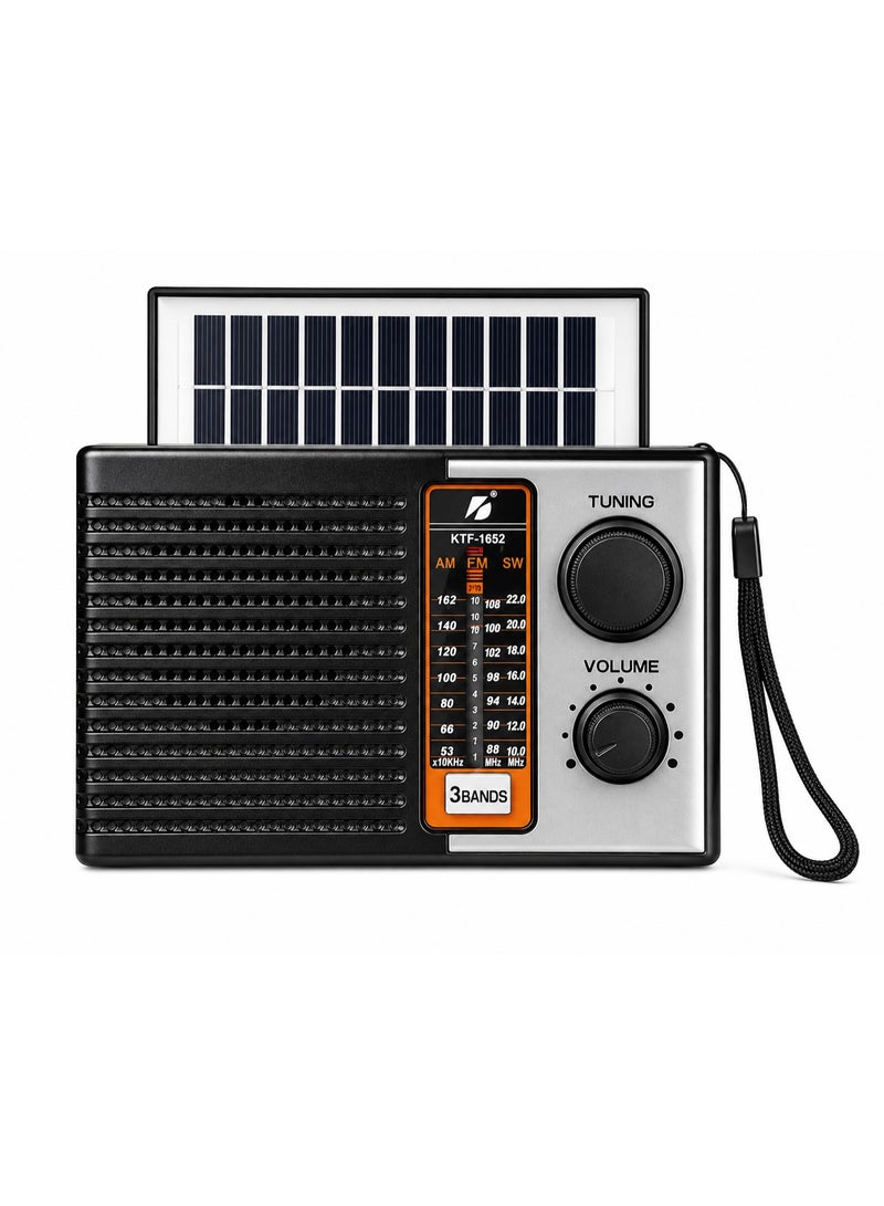 PUKON KTF-1652 Portable Solar Rechargeable 3 Band Radio, FM/AM/SW Receiver with USB, TF Card MP3 Player, Built-in Speaker, LED Flashlight & Solar Panel, Emergency Travel Radio – Black - Image 1