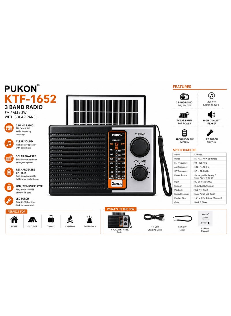 PUKON KTF-1652 Portable Solar Rechargeable 3 Band Radio, FM/AM/SW Receiver with USB, TF Card MP3 Player, Built-in Speaker, LED Flashlight & Solar Panel, Emergency Travel Radio – Black - Image 2