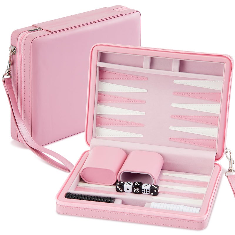Jerify Travel Backgammon Set Board Games for Adults Portable Backgammon 9.4 x 7.1 inches Leatherette Case Classic Strategy Game for Families Companion Airplane, Camping(Pink) - Image 1