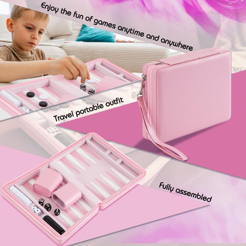 Jerify Travel Backgammon Set Board Games for Adults Portable Backgammon 9.4 x 7.1 inches Leatherette Case Classic Strategy Game for Families Companion Airplane, Camping(Pink) - Image 4