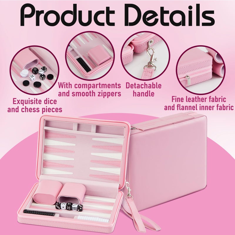 Jerify Travel Backgammon Set Board Games for Adults Portable Backgammon 9.4 x 7.1 inches Leatherette Case Classic Strategy Game for Families Companion Airplane, Camping(Pink) - Image 3