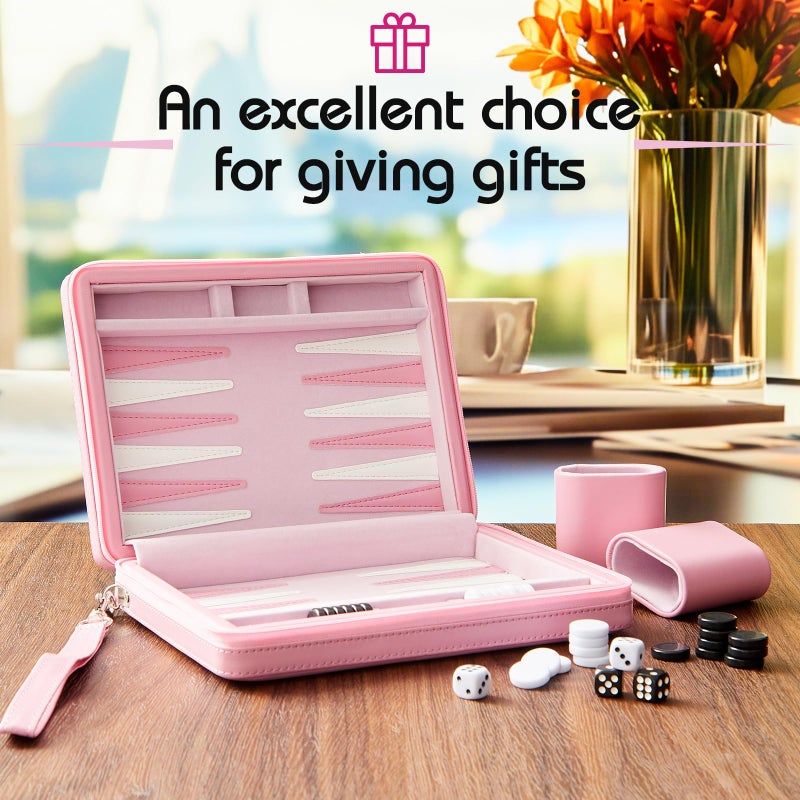 Jerify Travel Backgammon Set Board Games for Adults Portable Backgammon 9.4 x 7.1 inches Leatherette Case Classic Strategy Game for Families Companion Airplane, Camping(Pink) - Image 5