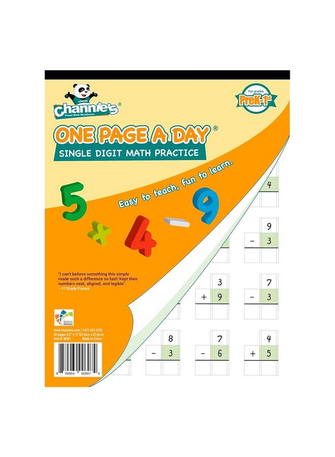 Channie's Channie’s One Page A Day Single Digit Addition & Subtraction Workbook for Pre-Kindergarten - 1st Grade Elementary School Students, Single Digit Math Practice, 50 Pages - Image 1