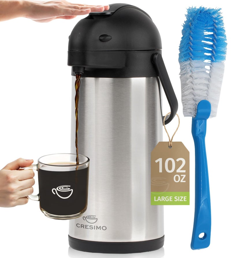 Coffee Carafe Airpot Cleaning Brush 101oz 3L Airpot 12 Hours Hot Water Dispenser or 36 Hours Cold Drink Dispenser with Pump Easy Dispensing Coffee Carafes for Keeping Hot Extra Large Cresimo