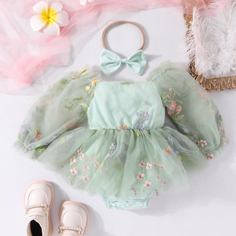 ODASDO Dresses for Baby Girls 1st First Birthday Party Dress Newborn Fairy Tulle Tutu Bubble Romper Flower Embroidery Long Sleeve Bodysuit One Year Old Cake Smash Outfit Photo Shooting Sage Green 12-18M - Image 2