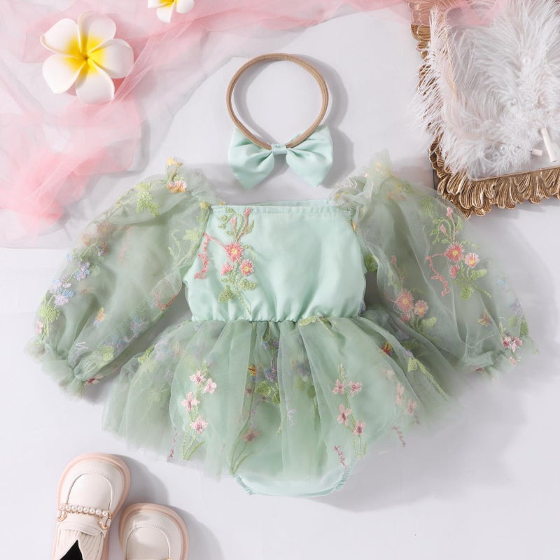 ODASDO Dresses for Baby Girls 1st First Birthday Party Dress Newborn Fairy Tulle Tutu Bubble Romper Flower Embroidery Long Sleeve Bodysuit One Year Old Cake Smash Outfit Photo Shooting Sage Green 12-18M - Image 3