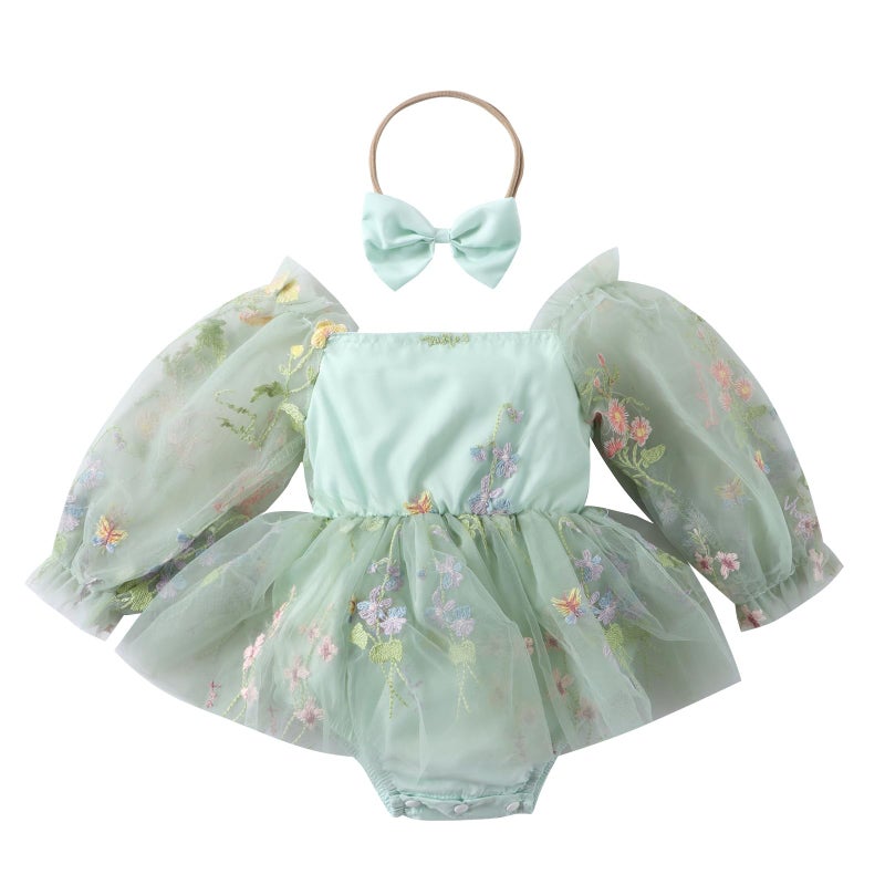 ODASDO Dresses for Baby Girls 1st First Birthday Party Dress Newborn Fairy Tulle Tutu Bubble Romper Flower Embroidery Long Sleeve Bodysuit One Year Old Cake Smash Outfit Photo Shooting Sage Green 12-18M - Image 1