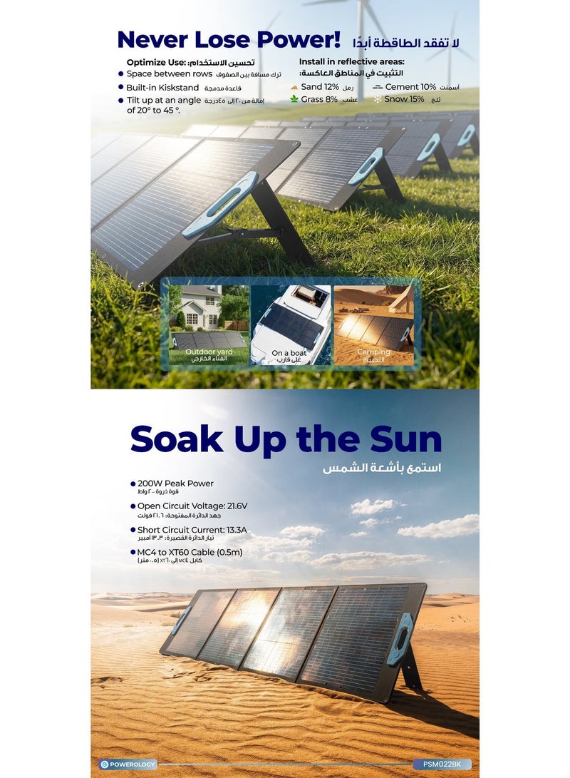 Powerology 200W Mono Folding Solar Panel with Adjustable Kickstand, Foldable Portable Solar Charger, IP67 Splash proof, for Camping, RVs, and Blackouts - Image 3