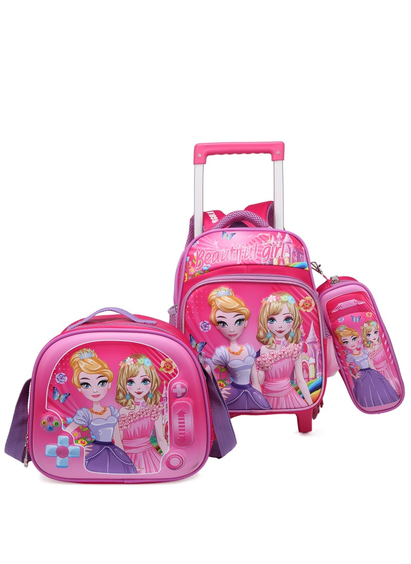 Stargold Baby Backpack 3Pcs For Baby Girls 1 lunch 1 Pencil Box And 1 Bag With Adjustable Strap For School 2 Wheels 12 Inch  - Image 1