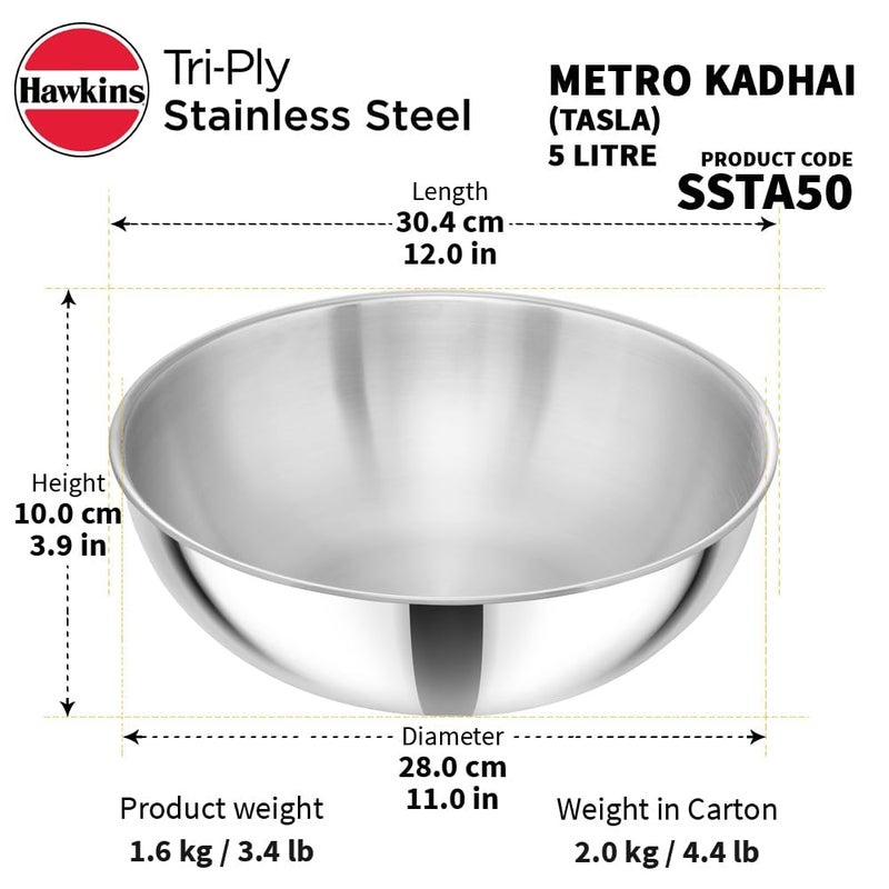 Hawkins Kitchen Pack Triply Stainless Steel Metro Kadhai, Tasla, Kadai, (2, 4 Litre and 5 Litre) - Image 3