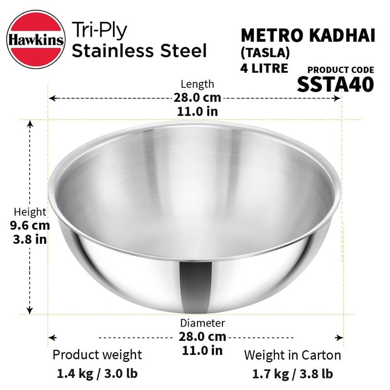 Hawkins Kitchen Pack Triply Stainless Steel Metro Kadhai, Tasla, Kadai, (2, 4 Litre and 5 Litre) - Image 2